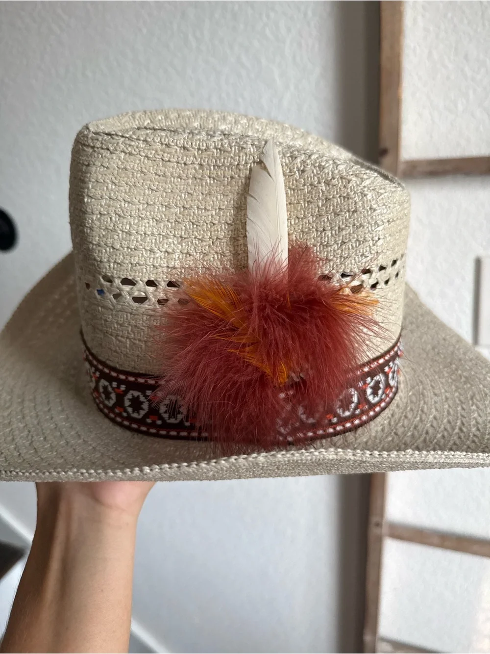 Boutique Kids Straw Cowboy Hat with Aztec Geometric Band & Feather NWOT